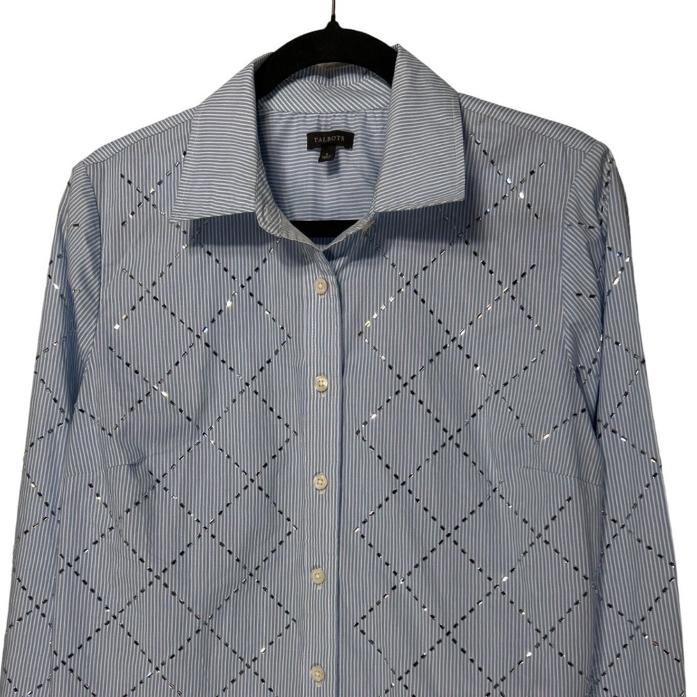 Talbots Embellished Button‎ Down Shirt Lakeside Lattice Sparkle Blue Size Small